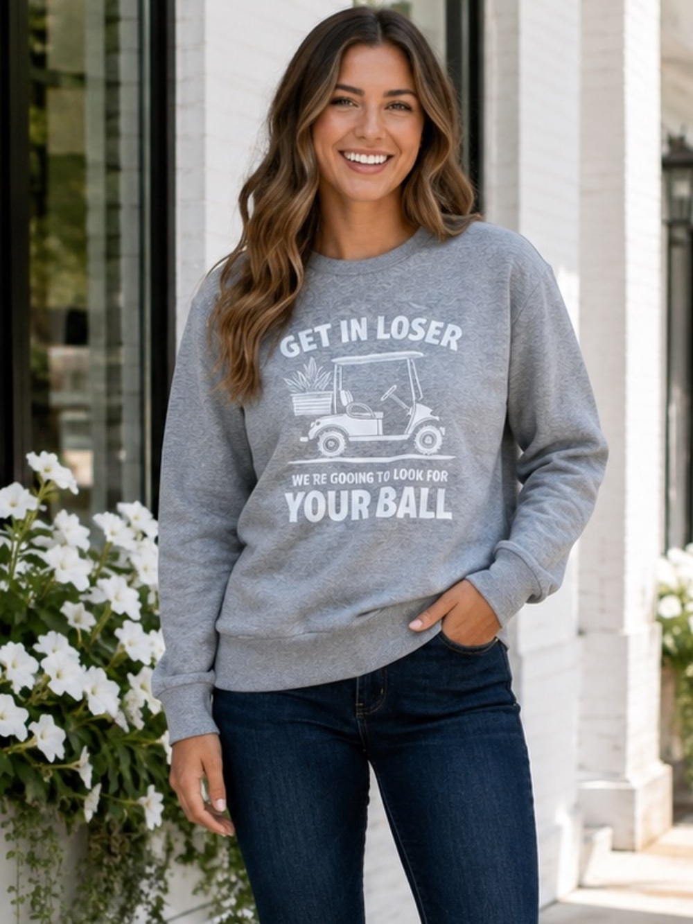 NEW Golf Themed Get In Loser We're Going to get Your Ball Gray Sweatshirt Caddie